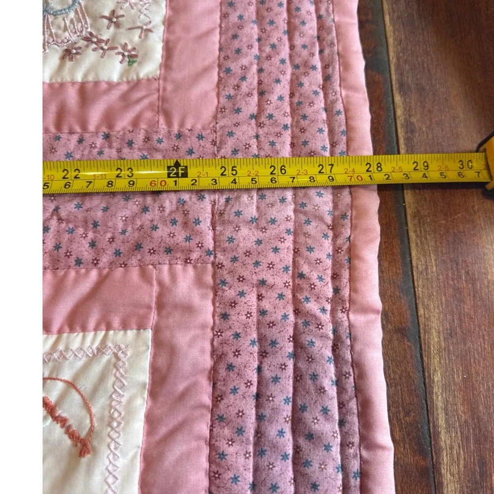 Vintage Pristine Handmade Baby Crib Quilt, Pink Embroidered Nursery Heirloom